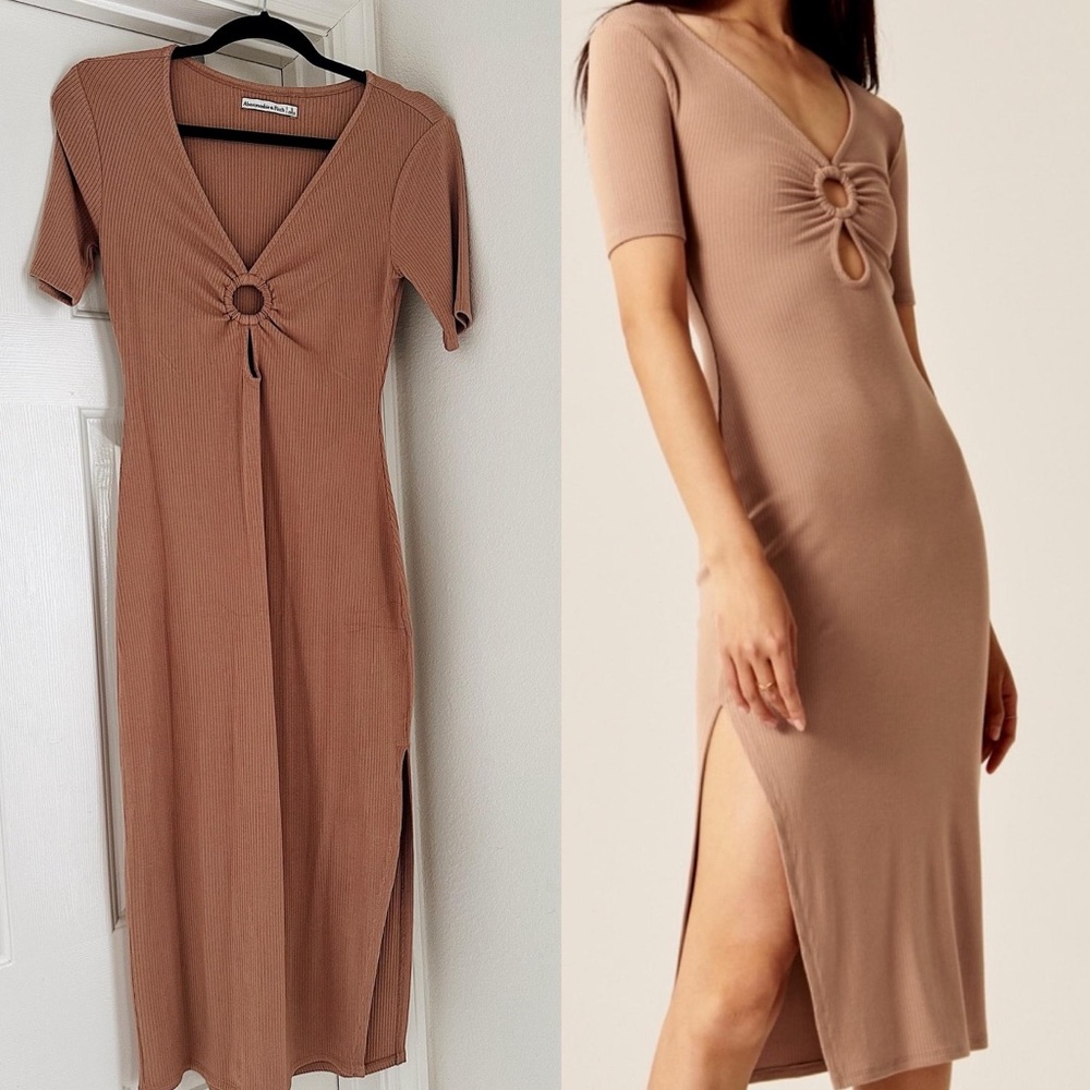 Abercrombie & Fitch Ribbed Midi Dress in Tan with Front Ring